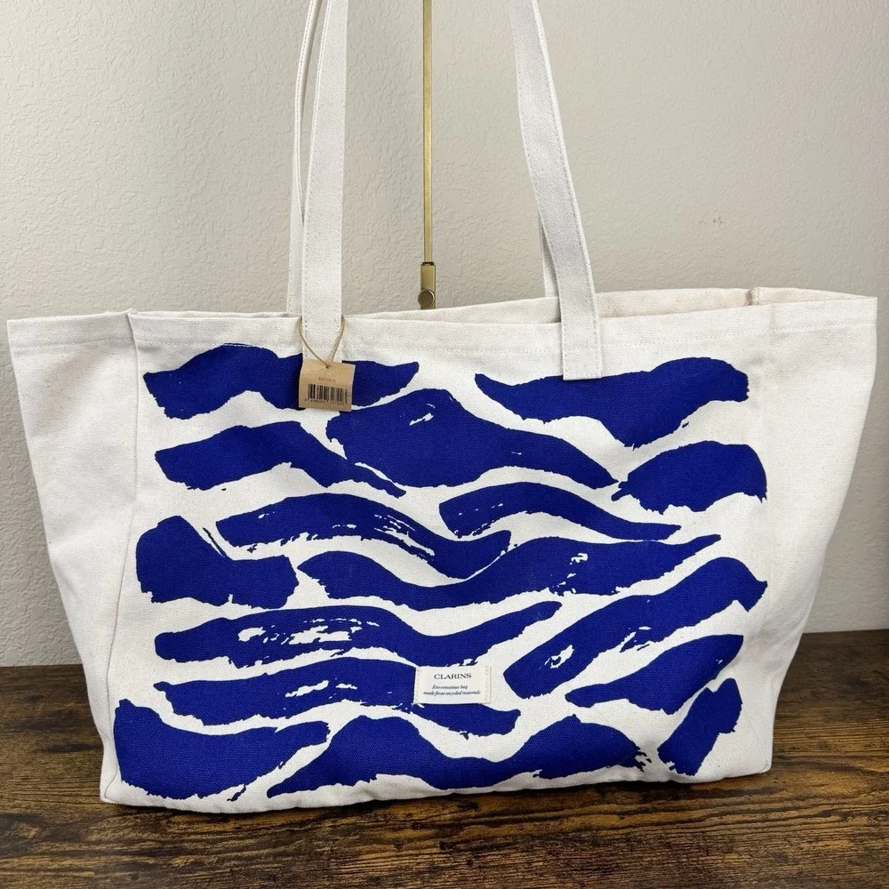Clarins Canvas Tote Bag Blue Zebra Print Eco‎ Recycled Materials NWT Shopper
